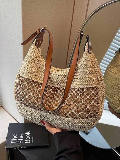 女士镂空单肩包可调节肩带草编旅行手提包时尚托特包女士夏季日常包女士草编沙滩包波西米亚镂空编织手提包大容量手提包PU单肩包斜挎托特包度假