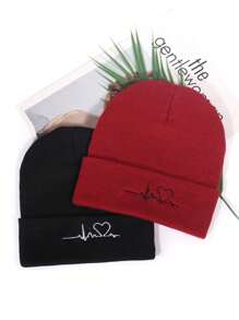 2pcs ECG Embroidered Knit Beanies, Suitable For Everyday Wear - Pink Black - View 13