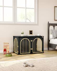 HaluPeit Dog Cage Furniture, 100cm Dog Crate For Home, 3 Doors, Arched Door, Modern Indoor Dog Crate For Dogs, Side Table, Heavy-Duty Dog Cage, 60 X 100 X 63 Cm, Black Gold - màu đen - Xem 3