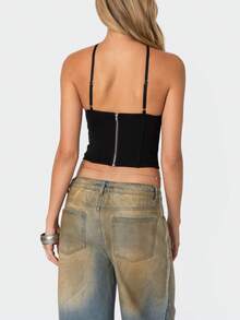 Women Sexy Crop Tops Beaded Corset Tops Crossover Straps Halter Tops Summer Sleeveless Slim Open Back Camisole Back Zip Tank Tops For Party Clubwear Streetwear Going Out Blouse - 黑色 - 查看 6