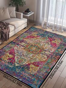 Tapete de área com design vintage inspirado na Boêmia, padrão geométrico de poliéster retangular, fácil manutenção, lavável, antiderrapante, adequado para sala de estar, corredor, cabeceira, sala de estar, quarto, escritório, cozinha, cabine