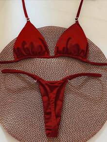 Women's Summer Beach Red Halter Tie Sexy Bikini Swimsuit Set - Red - View 5
