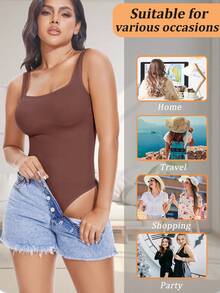 Seamless Women Thong Shapewear Bodysuit Tummy Control Abdomen Compression Backless Body Shaper Tank Top Vest Underwear Undershirts Shirts Lingerie Sleeveless Wide Shoulder Straps - 棕色 - 查看 7