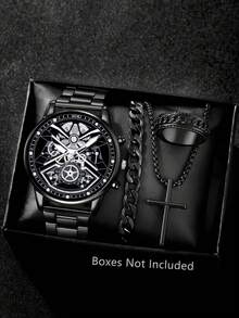 1 Set Men's Quartz Watch, Zinc Alloy Case & Chain, Round Dial, Electronic Pointer Display, Includes Pendant Necklace, Bracelet And Ring. Ideal Birthday Gift, Suitable For Daily Wear, Birthday, Party, Holiday Gathering, Perfect For Yourself Or Friends. No Packaging Box. - Black - View 2