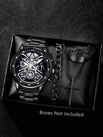 1 Set Reloj de cuarzo para hombres, caja y cadena de aleación de zinc, esfera redonda, pantalla de puntero electrónico, incluye collar colgante, pulsera y anillo. Regalo de cumpleaños ideal, adecuado para uso diario, cumpleaños, fiesta, reunión festiva, perfecto para ti o tus amigos. Sin caja de embalaje.