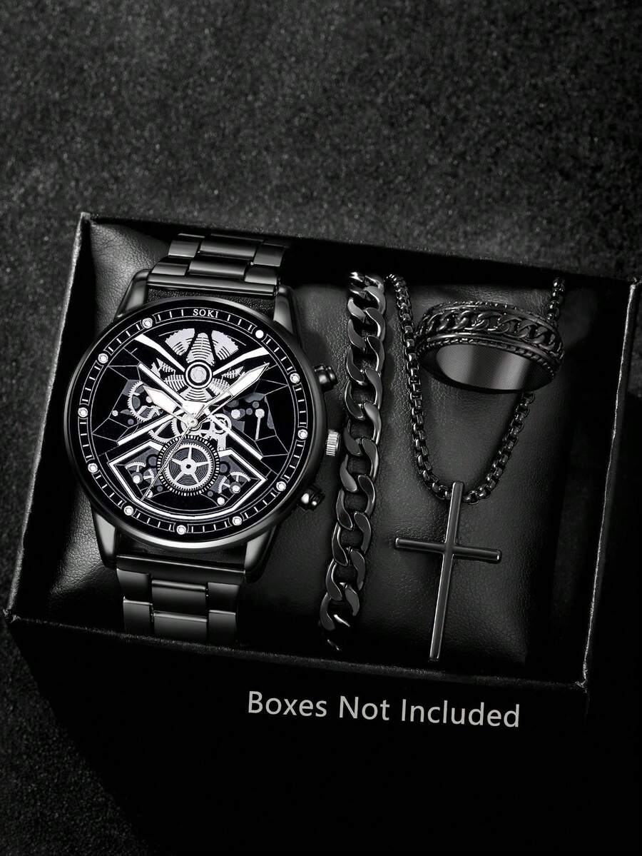 1 Set Men's Quartz Watch, Zinc Alloy Case & Chain, Round Dial, Electronic Pointer Display, Includes Pendant Necklace, Bracelet And Ring. Ideal Birthday Gift, Suitable For Daily Wear, Birthday, Party, Holiday Gathering, Perfect For Yourself Or Friends. No Packaging Box.