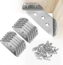 10 Pack Universal de Acero Inoxidable Muebles Conectores de Esquina con 40 Tornillos, NUEVO Actualizado Universal de Acero Inoxidable Muebles Conector de Esquina con Tornillos de ángulo sujetar Conector Muebles Triángulo Estante Soporte Soportes Conector de Esquina para Madera Gabinete Escritorio Cama - Plateado - Ver 2