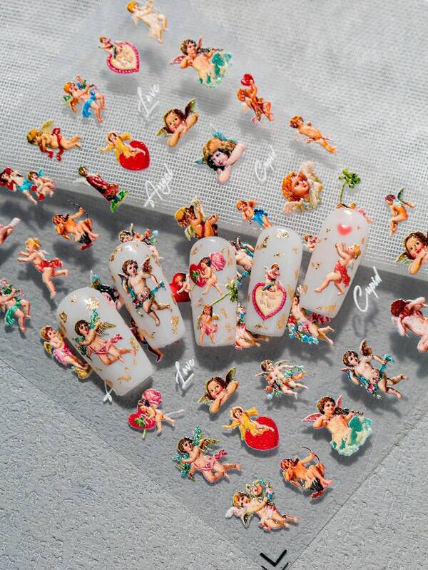 情人节丘比特美甲贴纸，浮雕浪漫油画爱心天使丘比特装饰贴纸，适合个人DIY和美甲沙龙使用，手机贴纸装饰，美甲用品，美甲贴纸