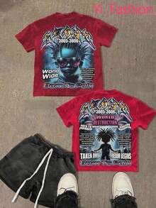 (220 Cotton T-Shirt)  Y2k Style  Pattern Men's Casual Soft 100% Cotton All-Match Crew-Neck Short-Sleeved T-Shirt - Red - View 1