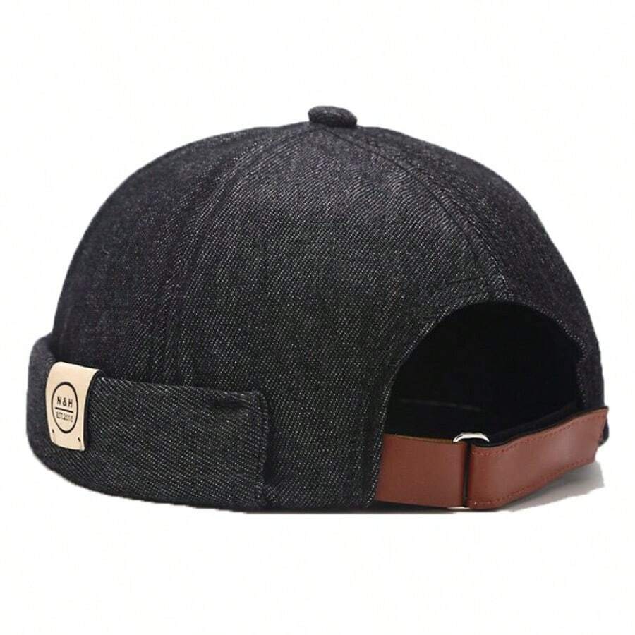 Retro Beanie - Adjustable Brimless Hat With Faux Leather Strap, Lightweight Acrylic, Casual Outdoor Skullcap For Men & Women - 黑色 - 查看 1