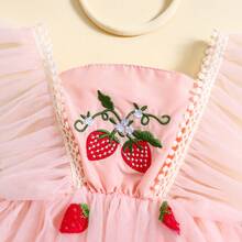 Baby Girls First Birthday Outfit 1st Birthday Party Dress Newborn Fairy Tulle Tutu Romper Dress Floral Embroidery Bodysuit Cake Smash Dresses - Pink Strawberry - 查看 3