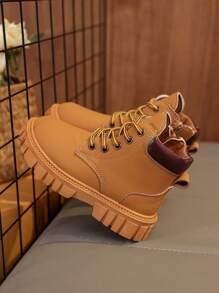 1 Pair Yellow Toddler/Kids' Soft Matte Military Boots, Round Toe, Warm Thick Sole, Durable, Lace-Up & Zipper Design, Classic Short Boots, Suitable For Boys/Girls, Casual, School, Vacation, Autumn/Winter