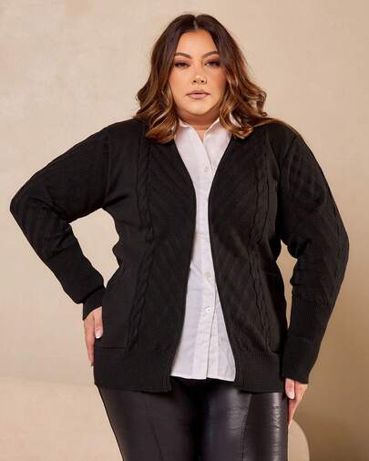 Cardigan Trança Com Bolso Casual Plus Size
