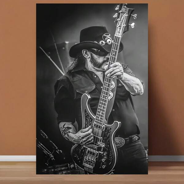 [Rivet Decor Faux Leather] Lemmy Kilmister Style Canvas Wall Art | 1 Piece | 12x18 Inches | Black & White | Unframed | Ideal For Bedroom And Dorm Decor