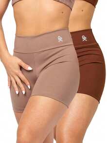 Kit 2 Women's Fitness Shorts High Waist Zero Transparency Blackout Gym Basic Bermuda Shorts Women's Crossfit Yoga - 棕色+咖啡色 - 查看 1
