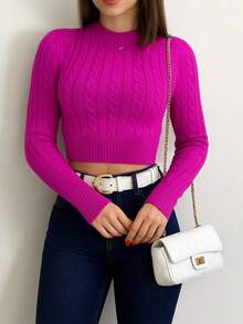 Sayuri Modal Knit Blouse Cropped Braid Long Sleeve Winter Knit - Rose Red - View 1