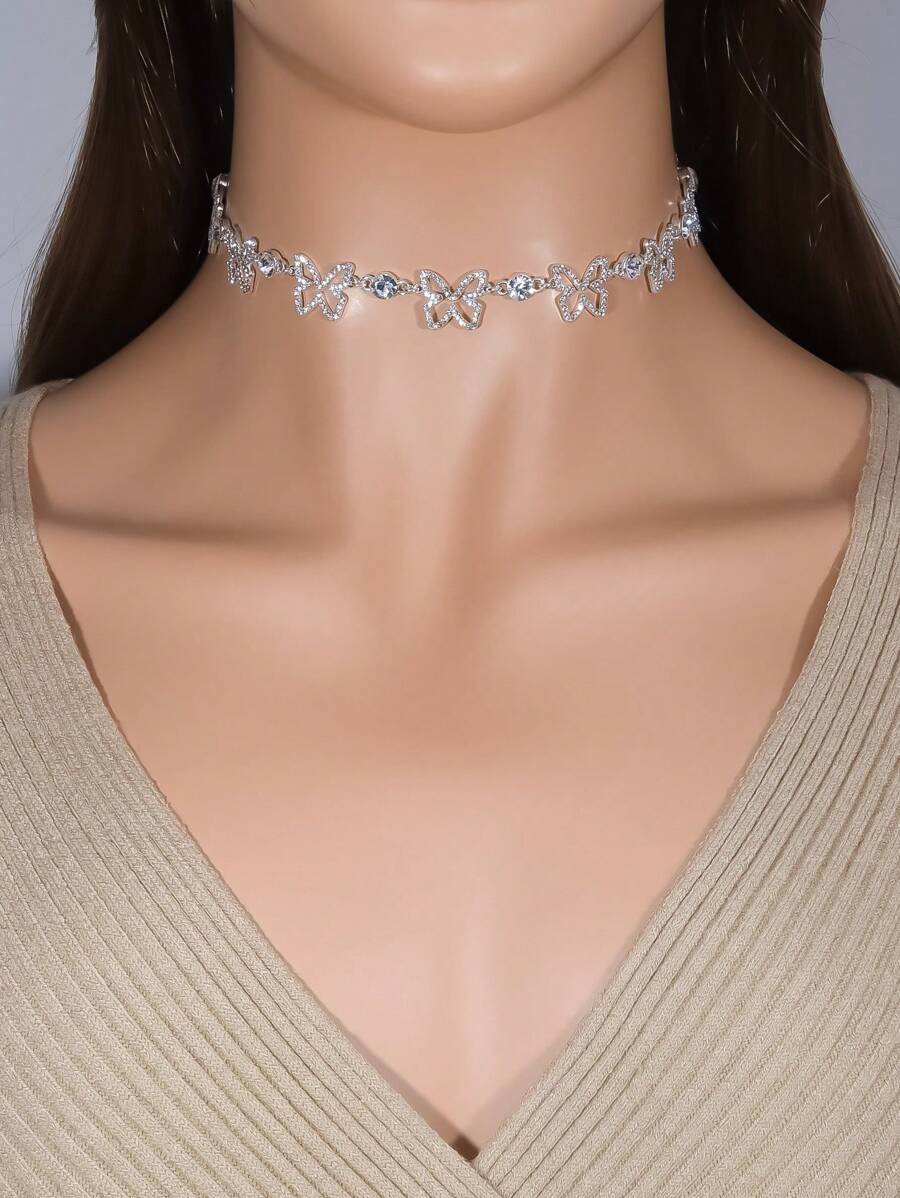 1pc Elegant Fashionable Personalized Rhinestone Hollow Butterfly Necklace, Suitable For Women's Daily, Party, And Event Wear