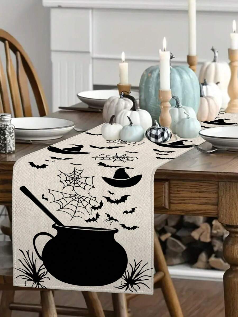 1 pièce/10 pièces Chemin de table chaudron d'Halloween, chemin de table chauve-souris d'Halloween, décoration de maison saisonnière, style ferme, matériau similaire au lin, 33*91CM/33*183CM/33*274CM, 3 options de taille, décoration de fête d'intérieur/extérieur, décoration thème citrouille, décoration de chambre. Convient pour la décoration de cuisine à la maison et la décoration de fête événementielle - Multicolore - Voir 1