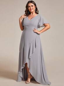EVERPRETTY Plus Size V-Neck Asymmetrical Ruffle Hem Bridesmaid Dress Gray Formal Dresses For Fall Wedding Party