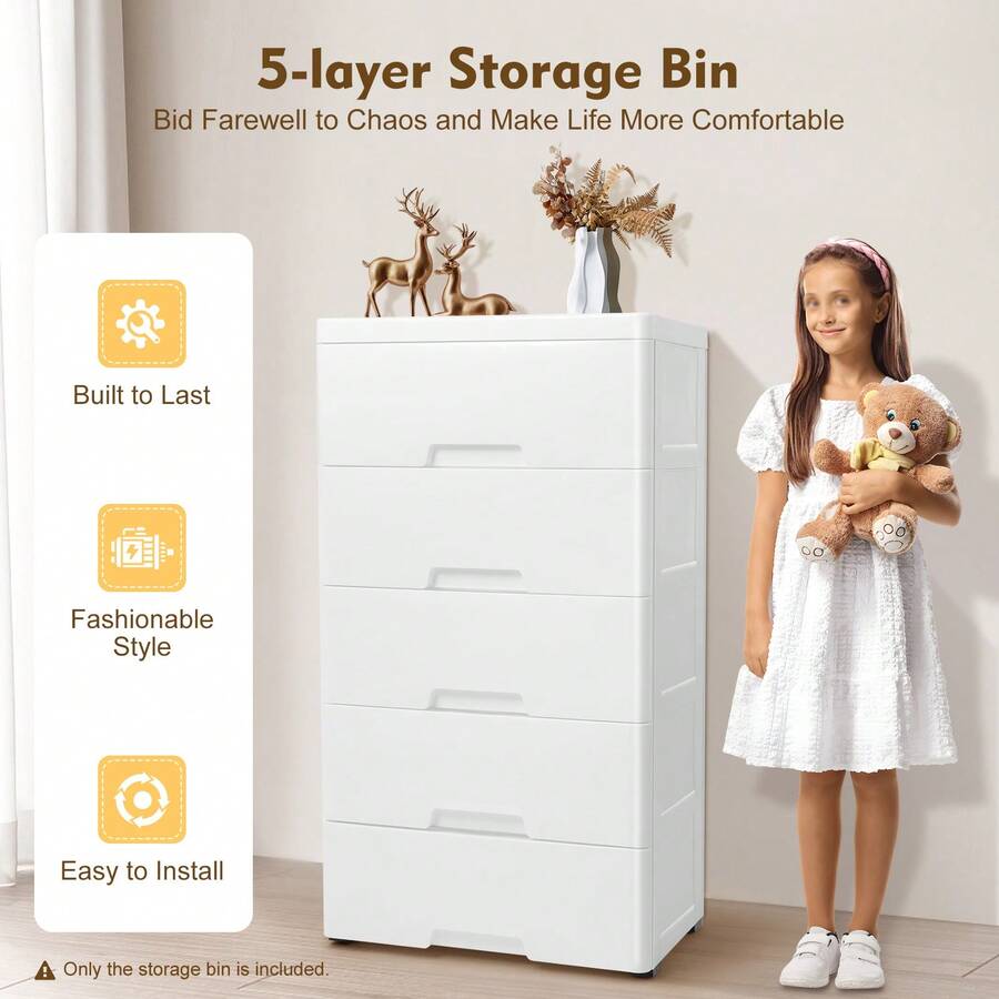 Plastic Drawers Dresser Storage Cabinet, 5 Drawer Stackable Vertical Clothes Storage Tower, Bedroom Tall Small Chest Closet, Organizer Unit For Hallway Entryway, Home Furniture - White - View 1