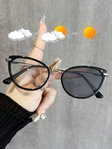 1pc Metal Cat-Eye Hollow Frame Ultra-Light Decoration Mirror, Multi-Purpose Indoor Computer Mirror & Outdoor Photochromic Fashion Glasses For Summer Beach Vacation,Outdoor,Travel - Transparent to Black - View 6