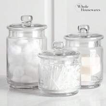 Set de 3 tarros de boticario de vidrio con tapas para almacenamiento de baño, portamanto de algodón Qtip, perfecto para organización de escritorio de maquillaje de lavandería, Sets de recipientes de cristal transparente - Claro - Ver 2