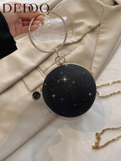 Dedoo 奢华镶钻圆形手提包，高端魅力斜挎包，时尚链条肩带单肩包