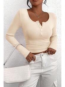 Women's 2025 Fall Long Sleeve Henley Shirts Button Ribbed Knit Casual Basic Tops Blouse - 米色 - 查看 6