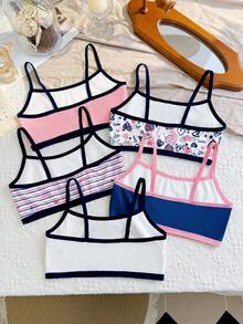 Chatreadl 5pcs/Set Girls Cute Casual Cartoon Star, Heart, Stripe, Cow, Letter Print Milk Silk Comfortable Bralette & Jumpsuit Set, Suitable For All Seasons - Multicolor - View 2
