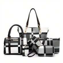 6-Piece Women's Bag Set - PU Tote, Plaid Purse, Satchel Shoulder Bag - màu đen - Xem 1