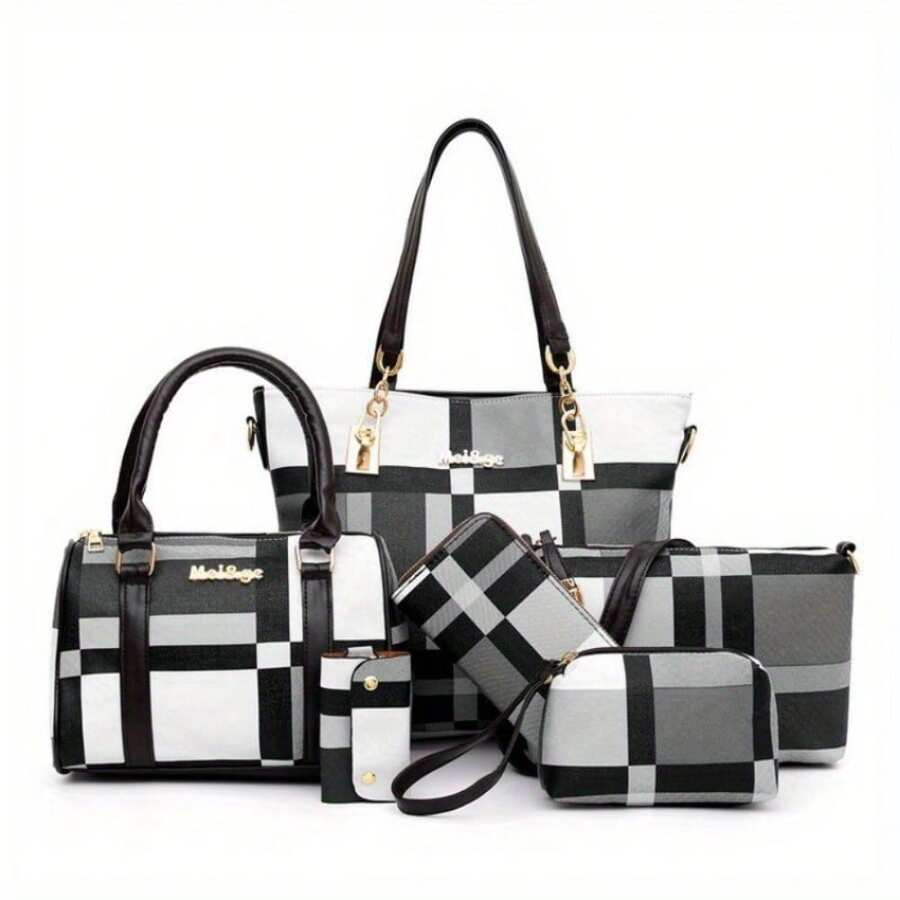6-Piece Women's Bag Set - PU Tote, Plaid Purse, Satchel Shoulder Bag - màu đen - Xem 1