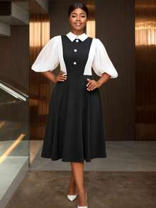 加大码 A 字裙 黑白拼色 灯笼袖 纽扣 彼得潘领
