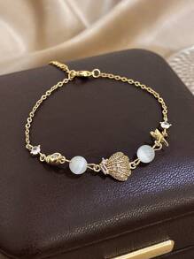 1 Peça Pulseira Pingente com Tema Oceânico Banhada a Ouro 18K para Mulheres e Meninas, Corrente de Elos com Estrela do Mar e Concha de Aço Inoxidável com Contas de Olho de Gato e Cubic Zircônia, Joia Boêmia Ajustável para Praia, Dia das Mães, Verão e Ocasiões Especiais