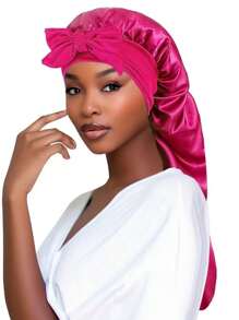 1pc New Long Taffeta Sleeping Cap, Women's Fashion Hair Care Hat, Bowknot Headband Beanie