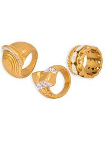 1pc Fashionable Exaggerated Stainless Steel Rhinestone Ring, Women's Stainless Steel Ring, Daily Accessory - Gold - View 13