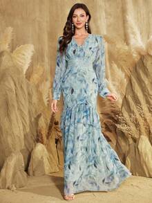 Đầm dài tay thanh lịch cổ chữ V in hoa ngẫu nhiên, viền ren, dành cho nữ, thích hợp cho kỳ nghỉ xuân. - Màu xanh Cadet - Xem 3