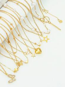 11 piezas Elegante Set de collares vintage de perlas falsas, corazones, rhinestones, mariposas geométricas con rayas verticales y cadena de serpiente de metal multicapa, adecuado para vacaciones, fiestas, citas, regalos y uso diario (sin caja) - Dorado - Ver 6