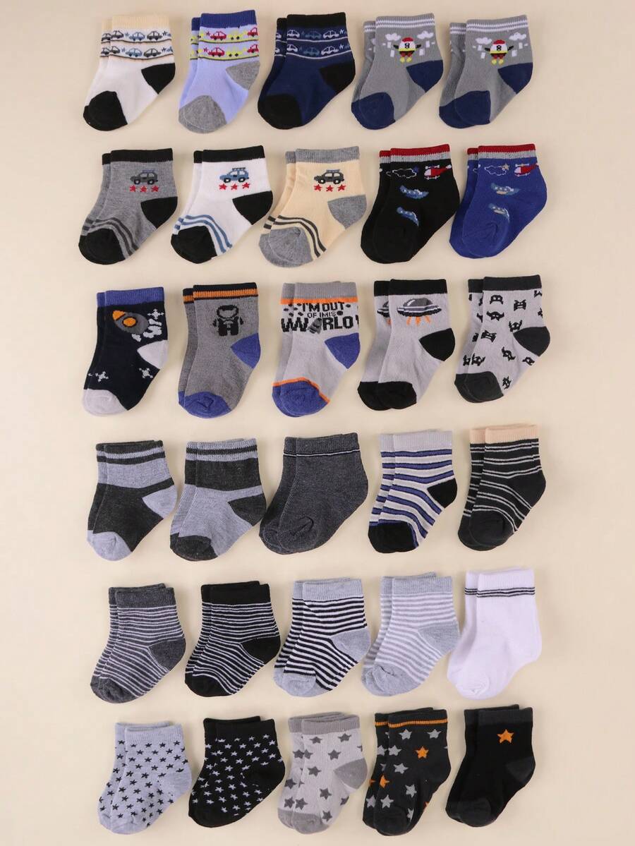 10 pares de meias curtas antiderrapantes com blocos de cores para bebês e crianças pequenas - estampas de estrelas, listras e caminhões pequenos, meias esportivas para recém-nascidos para meninos, perfeitas para uso diário, cores aleatórias - Multicolorido - Ver 1