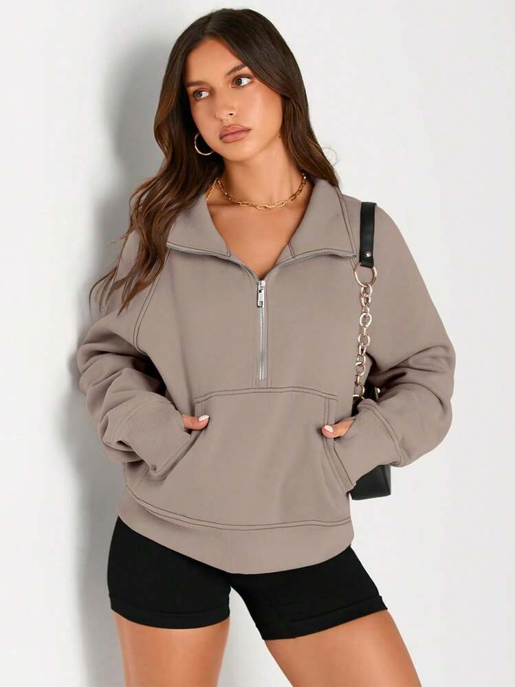 Womens Sweatshirts Half Zip Cropped Sweater Fleece Quarter Zipper Hoodies 2025 Fashion Outfits Clothes - Màu be - Xem 9