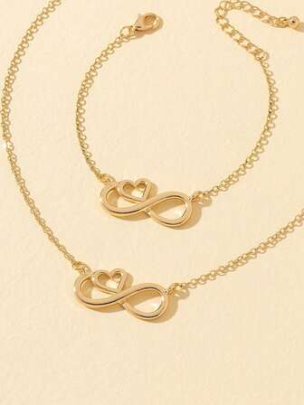 2 件套简约优雅镂空心形和数字 8 吊坠项链和手链套装，适合女性日常佩戴