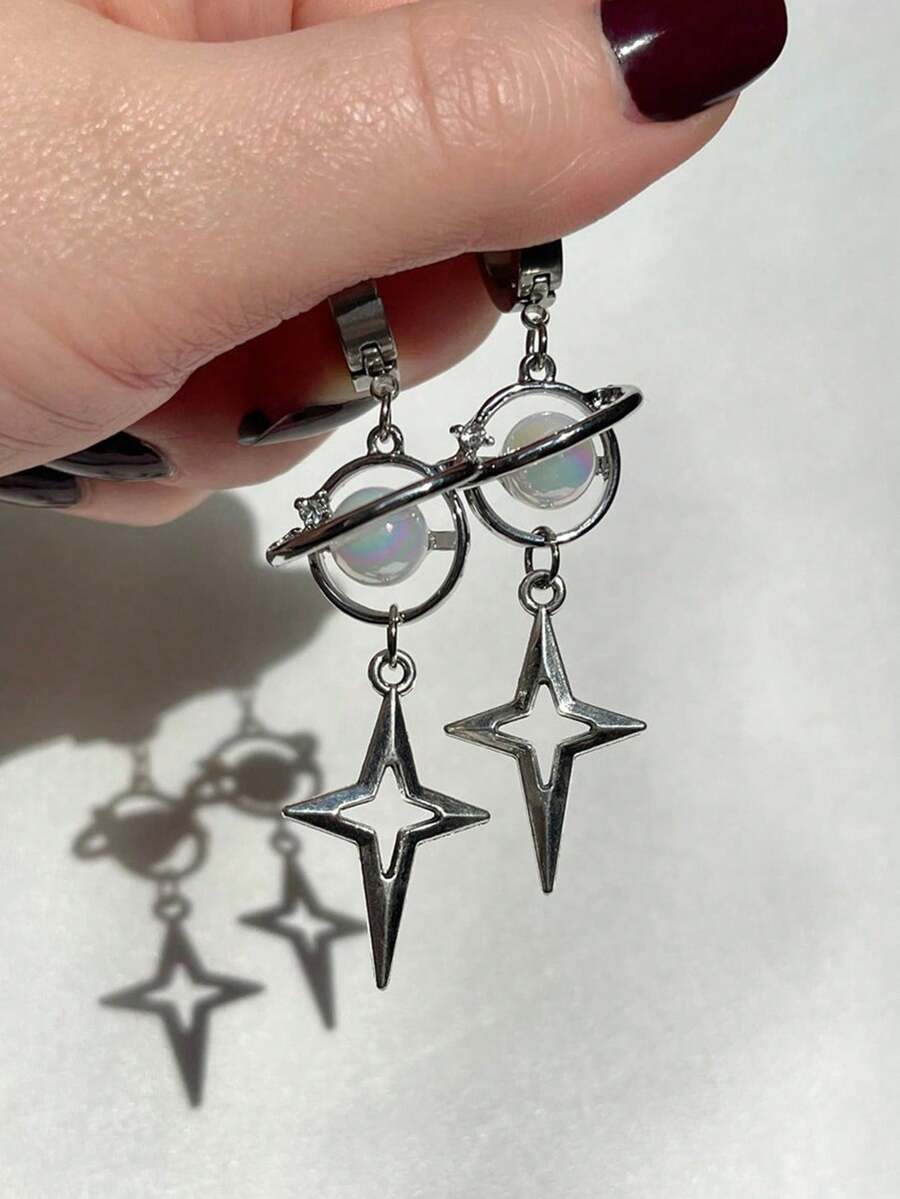 1Pair Gothic Punk Style Drop Earrings Four-Pointed Star Cross Simple Fashion Ear Stud Women Couple Rock Ear Piercing Jewelry - 耳環 - 查看 1