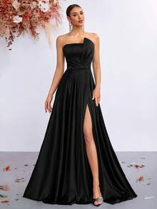 Elisanya Vestido de gala para fiesta con espalda descubierta y cintura fruncida con lazo - Negro - Ver 6