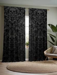 2pcs Skull Print Curtain Set - Suitable For Bedroom, Living Room And Bathroom Decor, Machine Washable Polyester, Great For Halloween - Multicolor - View 7