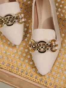 宽楦时尚麂皮平底鞋，米色，尺码 36-43，适合日常穿着，甜美休闲女鞋 - 米色絨面+鏈條 - 查看 8