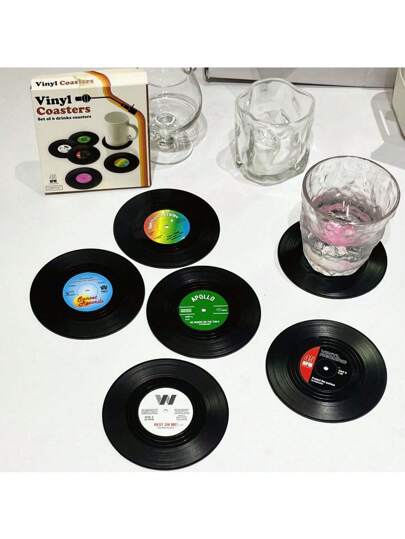 6 Stück Vinyl Schallplatten Untersetzer, kreativ, vintage, klassisch, retro amerikanischer Rock Musik CD rutschfeste und hitzebeständige Untersetzer, rutschfeste Wärmedämmung, Getränkeuntersetzer, Heimdekoration
