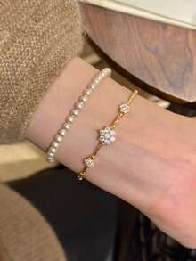 rundraw 1pc Women's Gold-Tone Copper Delicate Bracelet With CZ Inlay, Suitable For Party, Ball, Wedding - Flowers - View 2