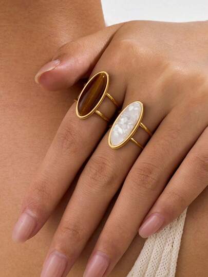 2pcs Stainless Steel Gold Rhombus Open Rings Set With White And Brown Resin Stones, Suitable For Women's Daily Decoration Or Gifts, Can Also Be Purchased Individually