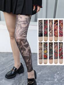 1 đôi tất in hình xăm 360 độ, quần legging in hình xăm nhiều màu, thích hợp mặc hàng ngày, dự tiệc, biểu diễn, làm quà tặng - Nhiều màu - Xem 2