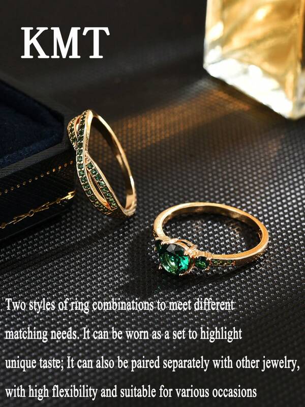 KMT Conjunto de 2 anéis de casamento femininos com design geométrico cruzado e zircônia cúbica de liga de cobre, versátil