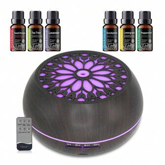 550ml Essential Oil Diffuser With Auto Timer, 7 LED Colors, Remote Control, 6 Oils Included